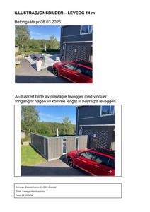 Fotografier av en planlagt levegg (husvegg) med vinduer og en inngang, sett i 3D sammenheng med en bil og en garasje.