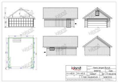 Fasadetegning som viser oppriss av en garasje sett fra tre ulike vinkler (front, side og bakside) med mål og detaljer.