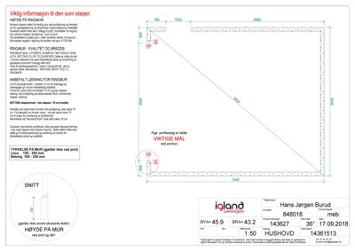 Tegning som viser detaljert oppsett og mål for en ringmur, inkludert snitt og spesifikasjoner for materialer.