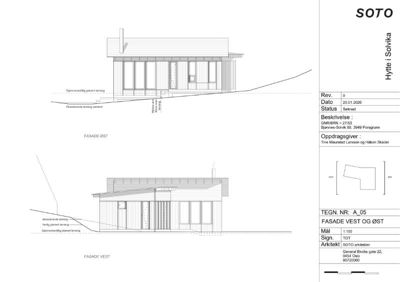 Tegning som viser fasadeopprikk for en hytte sett fra vest og øst.