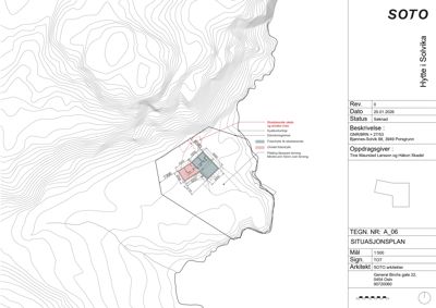Situasjonsplan for en hytte i Solvika med konturlinjer, tomtedefinisjon og bygningsspor.