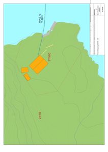 Situasjonsplan som viser tomtens form, grenser (27/1/0 og 27/53/0), høydeforhold (konturlinjer), vannkropp og plassering av bygninger.