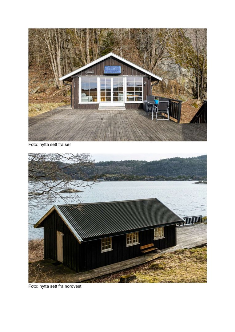 To foton av en hytte, en fra sør og en fra nordvest.