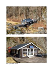 To fotografier av en hytte, en utedo og en bod sett fra ulike vinkler.