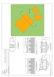 Fasadetegning med situasjonsplan. Bildet viser en situasjonsplan (Plan 1-100) til venstre og fasadetegninger (Inngang nordvest, Langvegg sett fra vest, Snitt A-A) til høyre.