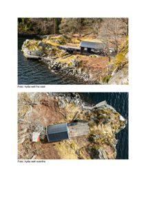 To fotografier av en hytte på en klipperommet ved vannet; øverst sett fra vest, nederst sett ovenfra.