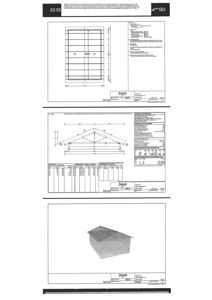 Tegningssamling som viser detaljerte konstruksjonstegninger for takkonstruksjon (takram, taklist, takfot) samt en 3D-visualisering av taket sett fra oven.