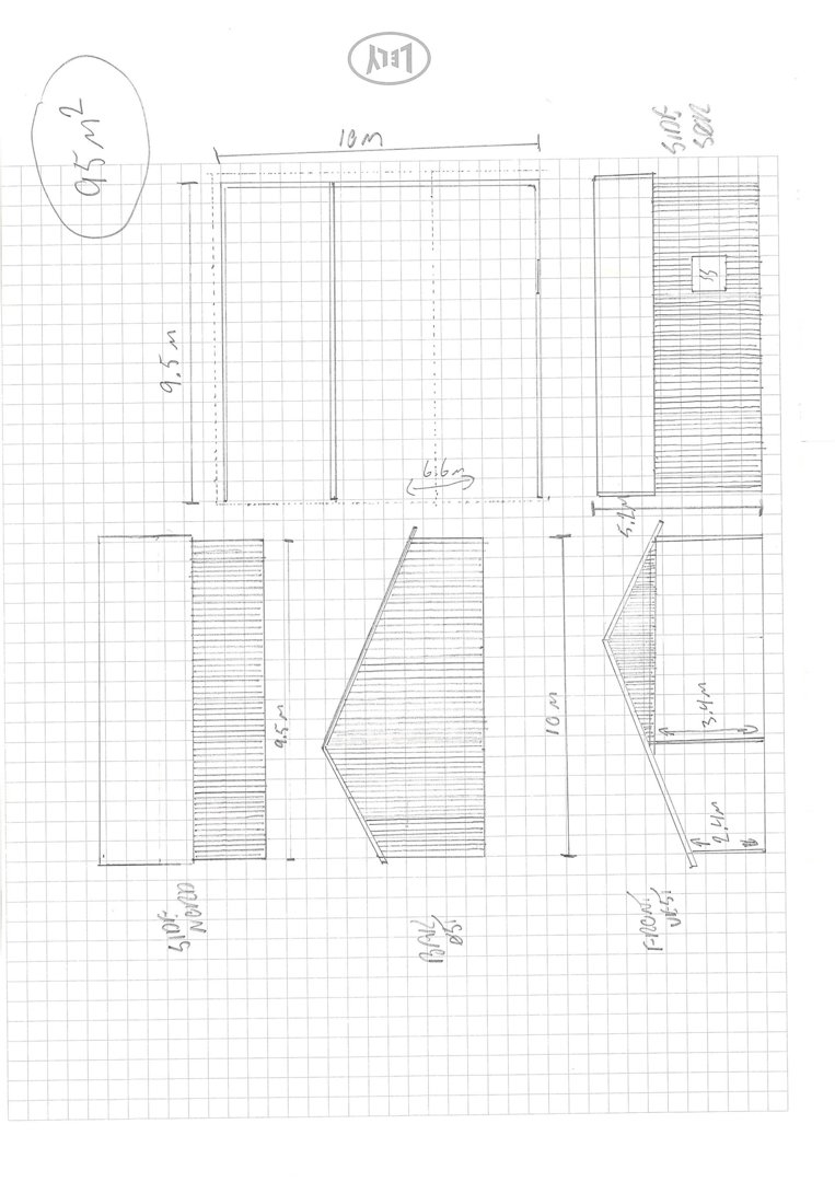 Håndtegnet fasadeopprikk (elevation) som viser bygningens utseende fra ulike vinkler (sør, vest, nord, øst) med mål og takform.