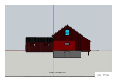 Fasadetegning som viser bygningens utseende fra siden, med fargeindikasjoner for fasadematerialer og vinduer.