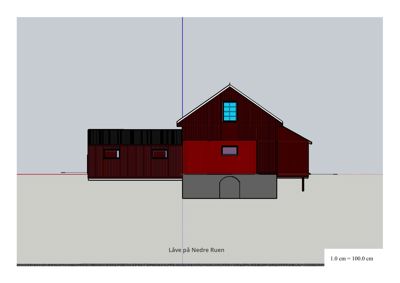 Fasadetegning som viser bygningens utseende fra siden, med fargeindikasjoner for fasadematerialer og vinduer.