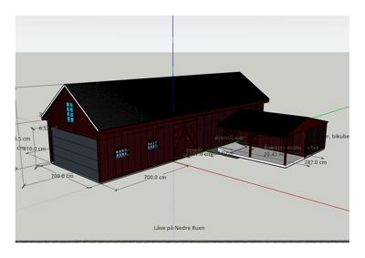 3D-visualisering (rendering) av en bygning sett fra en vinkel, med angitte mål og tekst.
