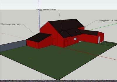 3D-visualisering av en bygning med merking av deler som skal rives.