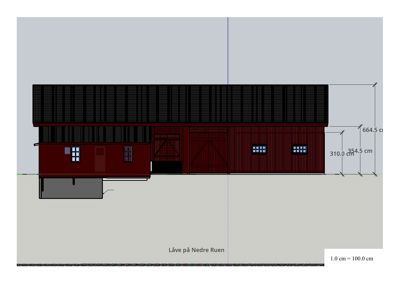 Fasadetegning som viser bygningens utside med mål, vinduer og tekst 'Låve på Nedre Ruen'.