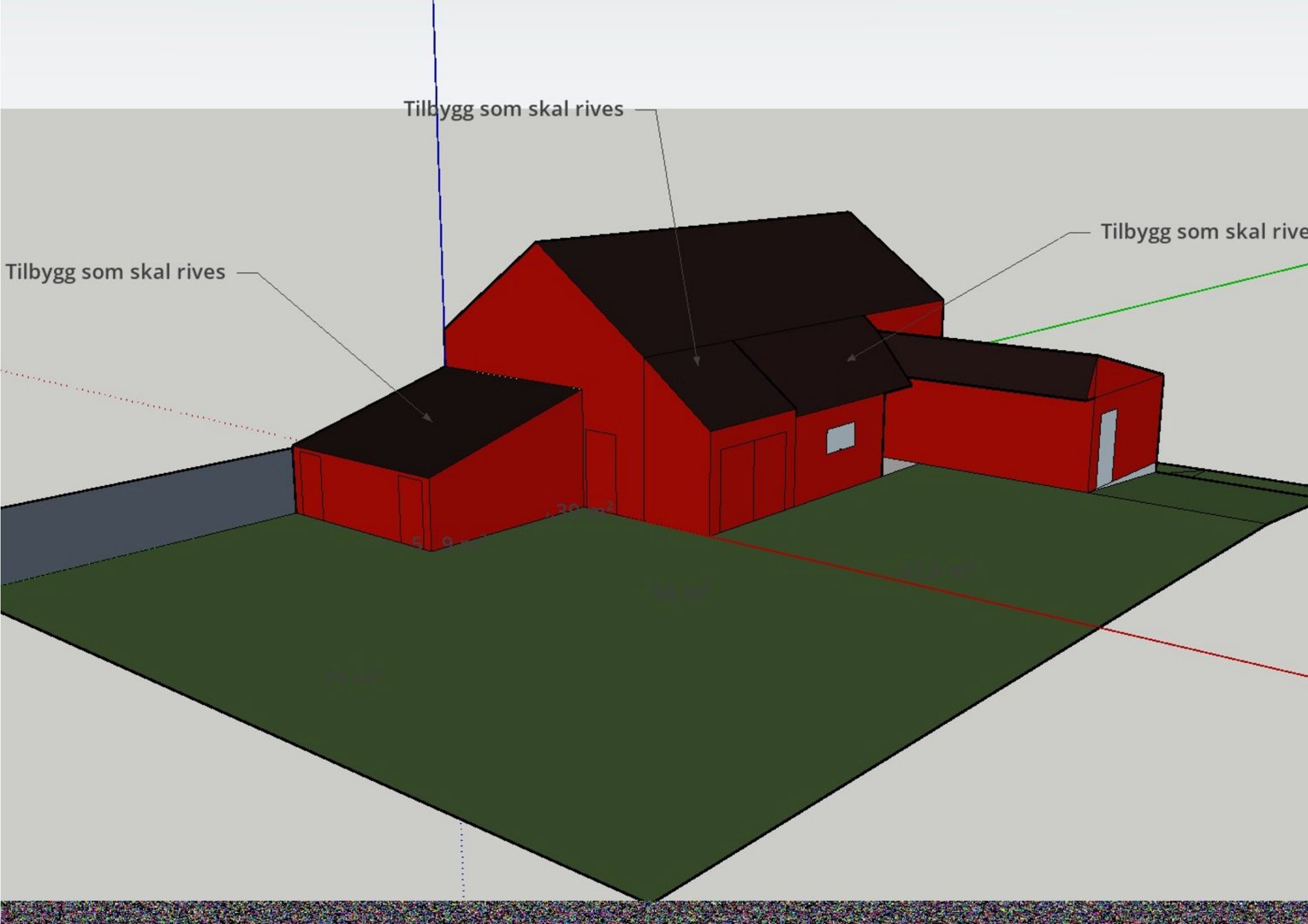 3D-visualisering av en bygning med merking av deler som skal rives.