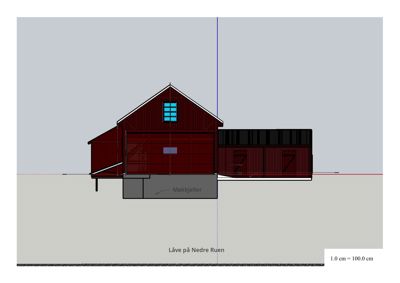 Fasadetegning som viser bygningens utseende sett fra siden (Låve på Nedre Ruen), inkludert vinduer, takform og en markert 'Møkkjeller'.
