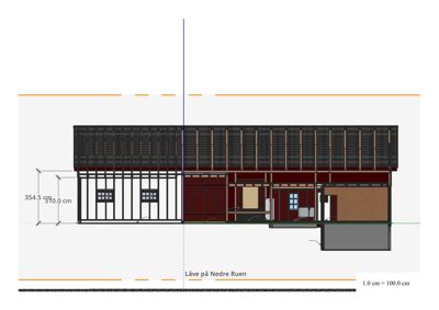 Snittegning som viser bygningens tverrsnitt, romfordeling og konstruksjon.