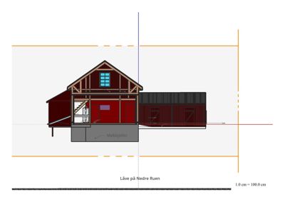 Snittegning av en bygning som viser romfordeling, takform og konstruksjon.