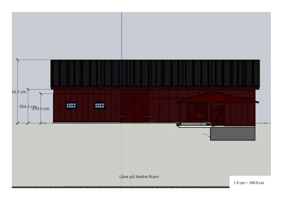 Fasadetegning som viser bygningens utside med mål og detaljer.