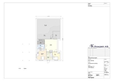 Etasjeplan for kjelleren i en eksisterende enebolig, som viser romfordeling, arealer og plassering av kjøkken, bad og soverom.