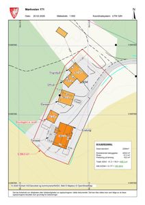 Situasjonsplan for Mørkveien 171 som viser tomtens grenser, eksisterende og planlagt bebyggelse (hus, garasje, vognskjul), parkeringsplasser, terrengforhold og arealregning (BYA).