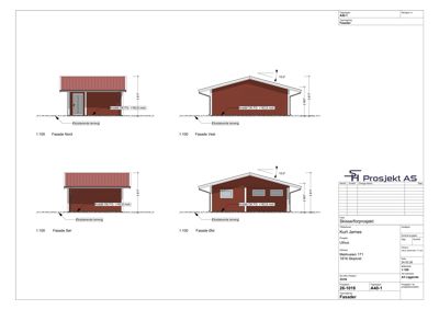 Fasadetegning som viser oppriss av bygningens fire sider (Nord, Vest, Sør, Øst) med mål og detaljer.