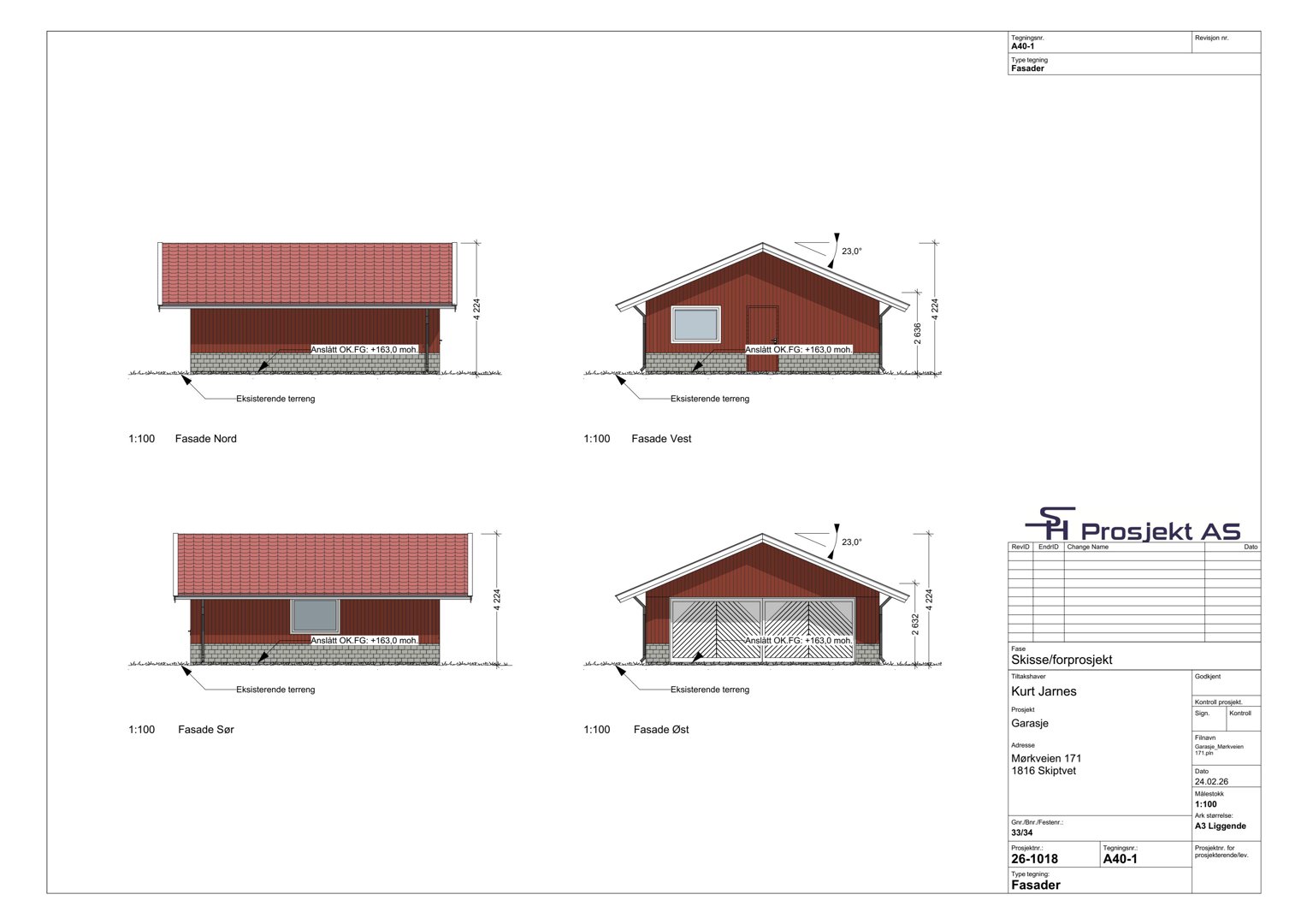 Fasadetegninger for en garasje med oppriss av Nord, Vest, Sør og Øst-fasaden.