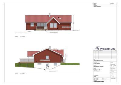 Fasadetegning som viser bygningens utseende sett fra sør og øst, inkludert mål og eksisterende terrang.