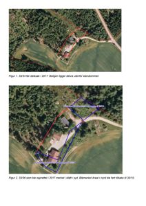 Satellittbilde (flyfoto) av eiendom med overlagte ruter som viser eiendomsinndeling og arealendringer over tid.