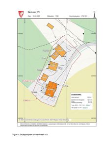 Situasjonsplan for Mørkveien 171 som viser tomtens form, bygningers plassering, arealoppdelinger og omgivende infrastruktur.