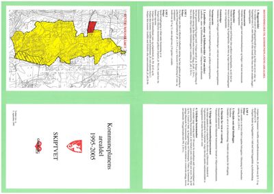 Kommuneplanens arealdel fra 1995-2005, som viser et kart over et område med arealbruksplanlegging (gule og røde soner).