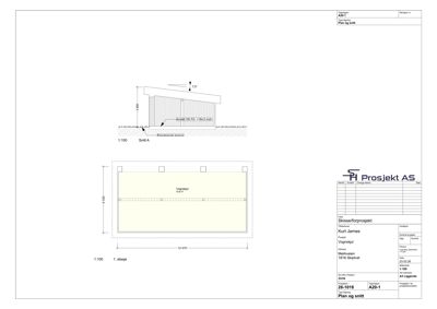 Bildet viser en tegning med etasjeplan (1. etasje) og et snitt (Snitt A) av en bygning.