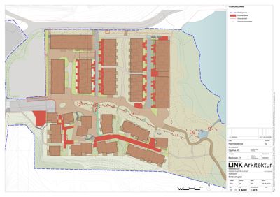 Situasjonsplan (Områdeplan) som viser plassering av bygninger, veier, tomtegrenser og terrengforhold for et boligområde.