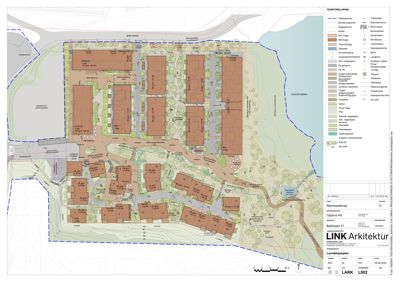 Situasjonsplan som viser plassering av nye og eksisterende bygninger, veier, grøntområder og vann på tomten.