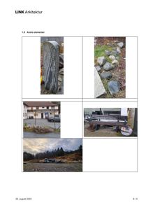 Et sammensatt bilde (collage) som viser flere fotografier av en bygning, en benk, steiner og et landskap.