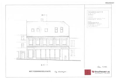 Fasadetegning av bygning på Fosswinkelsgate 18, sett fra gaten.