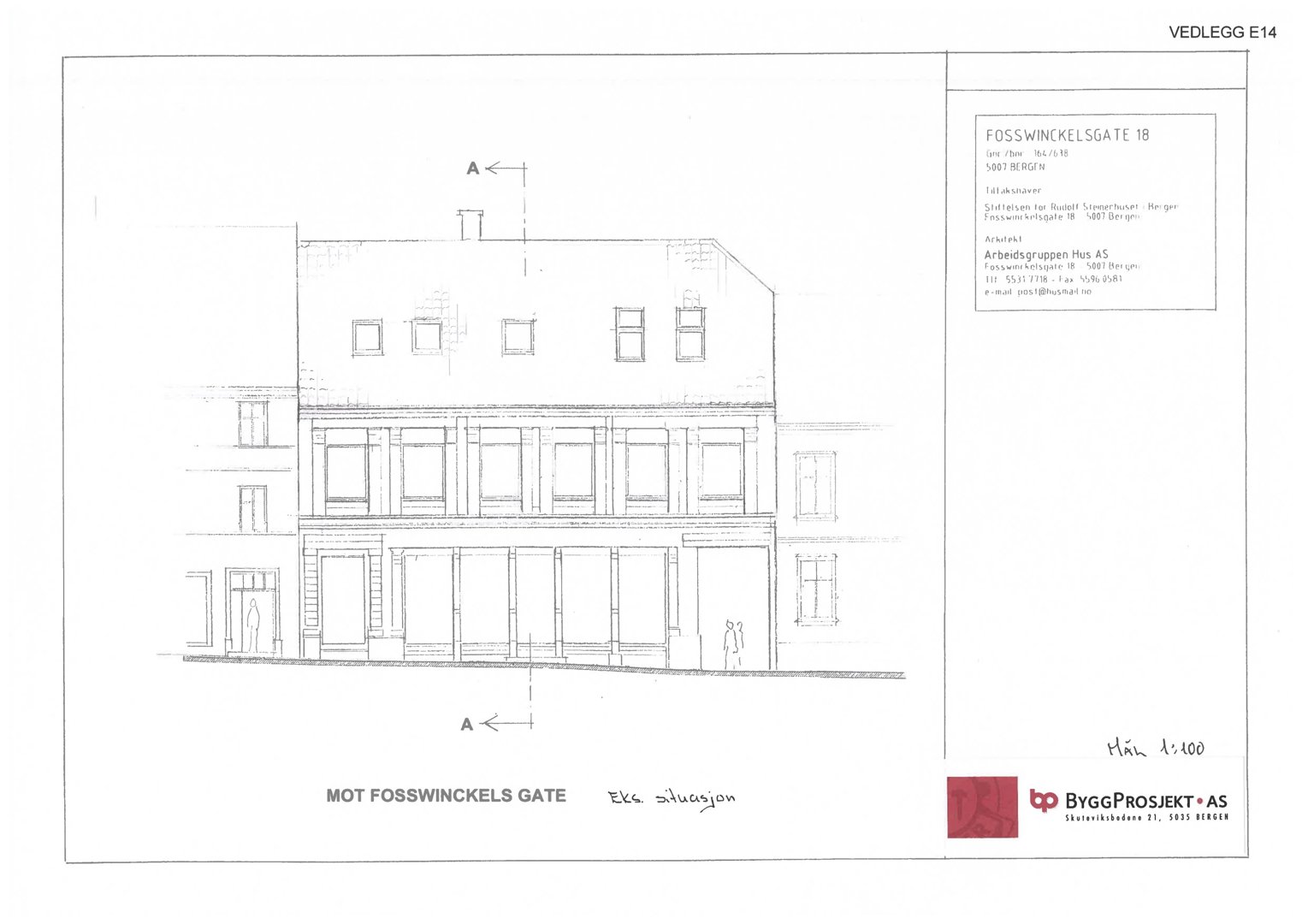 Fasadetegning av bygning i Foss Winckels gate 18, sett fra gaten.