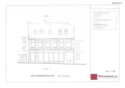 Fasadetegning av bygning i Foss Winckels gate 18, sett fra gaten.