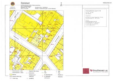 Situasjonsplan (basiskart) som viser eiendomsgrenser, bygninger, veier og arealbruk for Foss Winckelsgate 18.
