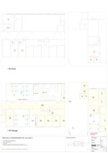 Bildet viser en tegning med etasjeplaner for et nytt bygg (1:50 Nybygg) og et riveforhold (1:50 Rives). Det er også inkludert en lokaliseringsfigur og en tekstblokk med beskrivelse av romfordeling.