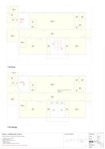 Etasjeplaner (1:50) som viser romfordeling og endringer for en bygning, inkludert 'Rives' og 'Nybygg' alternativer.