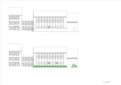 Fasadetegning som viser bygningens utseende fra vest, med detaljer om rivings- og tiltakshistorikk.