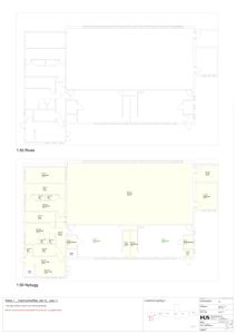 Etasjeplan (plan 1) som viser romfordeling, dører og veggkonstruksjoner for en nybygging og rivning.