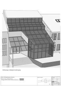 3D-visualisering (rendering) av en glassfasade og hovedinngang til et bygg.