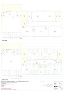 Bildet viser etasjeplaner (1:50) for en bygning, inkludert riveplan og nybyggplan med romfordeling og utstyr.