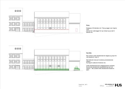 Fasadetegning som viser bygningens utseende fra vest, med detaljer om rivings- og tiltakshistorikk.
