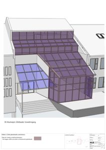 3D-visualisering (rendering) av en glassfasade og hovedinngang til en bygning.