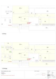 Bildet viser to etasjeplaner (Rives og Nybygg) for et bygg, med rombetegnelser og dimensjoner.