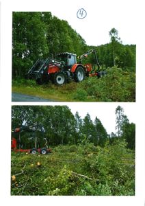 Fotografier av en traktor som jobber med å rydde eller kløyve ved i et skogområde.