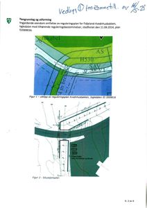 Bildet viser en side fra et dokument som inneholder to kart. Øverst er det en utklipp fra en reguleringsplan med arealbrukskoder (H530, SAV). Nederst er det en situasjonsplan som viser tomtens plassering i forhold til veier og naboeiendommer.