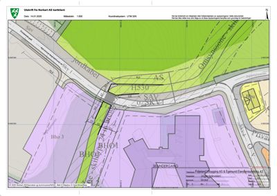 Kartutsnitt fra Norkart AS som viser topografi, vegnett, eiendomsgrenser og arealbruk (f.eks. BHO1, Bho 3) i et område.